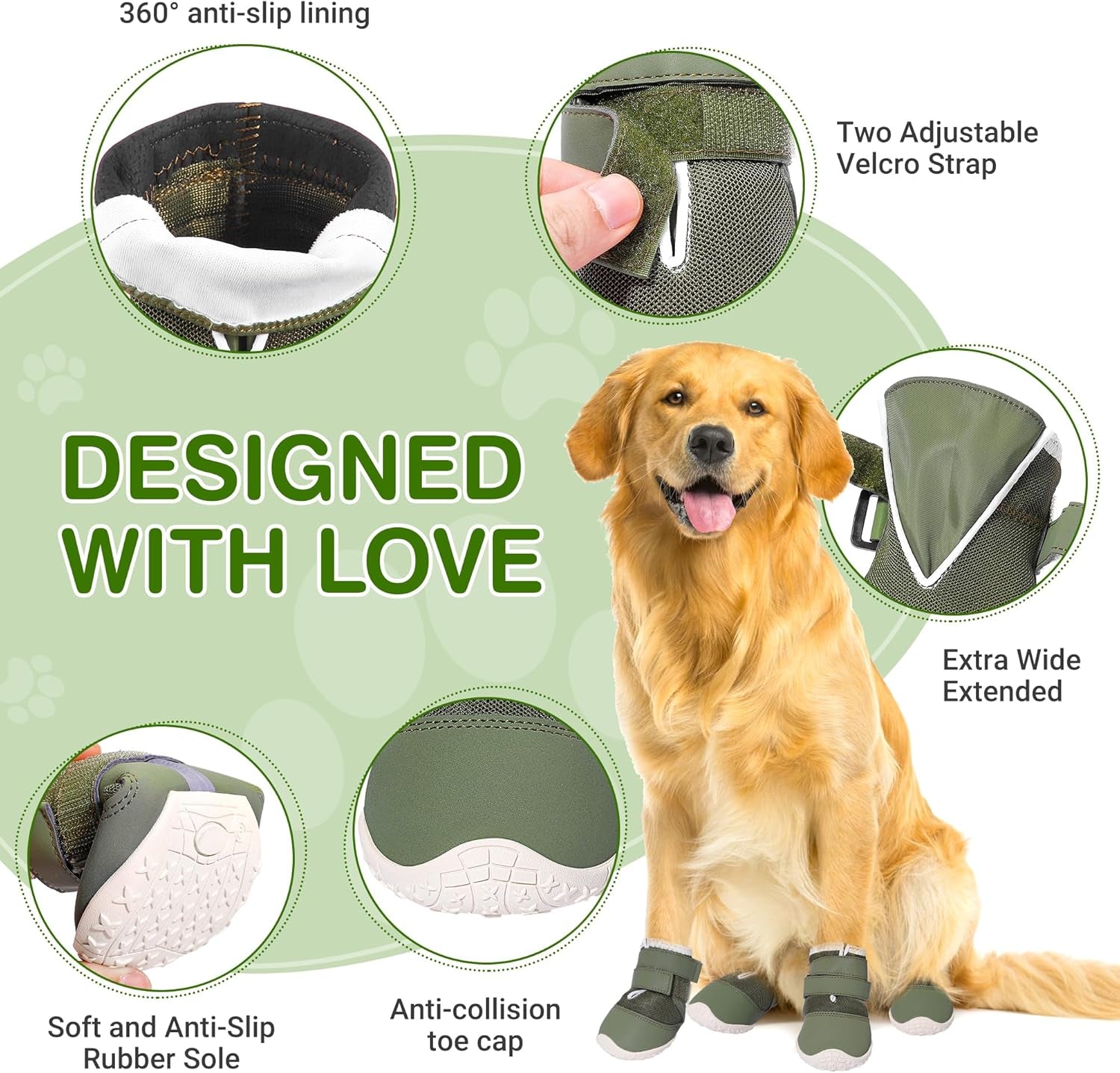 Dog Shoes for Large Dogs Xxl,Mesh Breathable Dog Boots & Paw Protectors for Hot Pavement Summer Winter Snow, 360°Anti-Slip Dog Booties for Hiking/Walking,Military Green 4Pcs(Size 9)