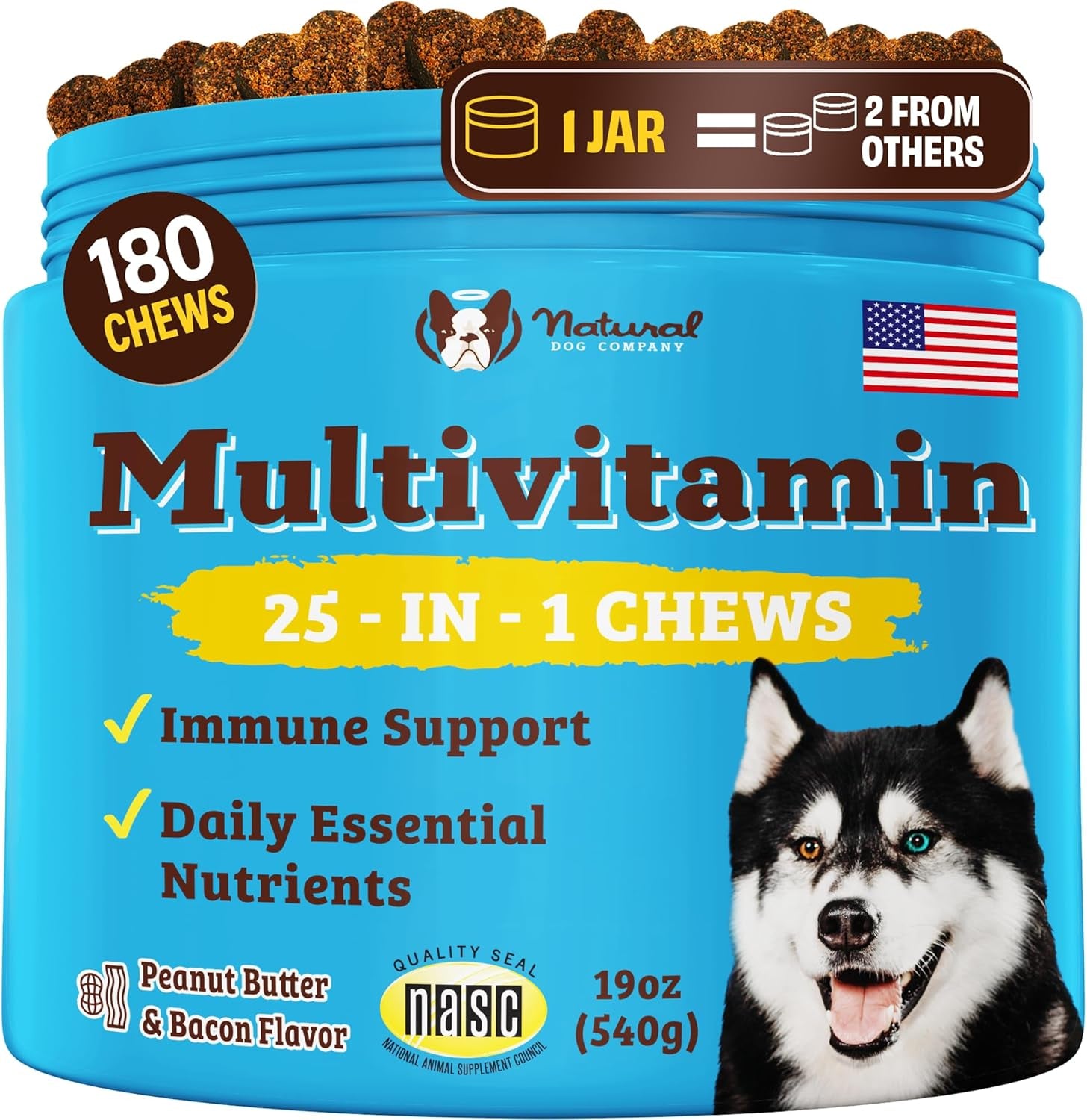 Multivitamin Chews (180 Pcs) Dog Vitamins & Supplements, Peanut Butter & Bacon Flavor, Dogs, Supports Immune System, Antioxidant, Vitaminas Para Perros, Multi Dog Families