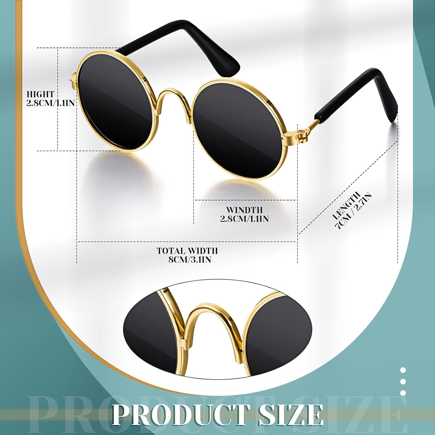 2 Pieces Glasses and Necklace for Doll Cat Dog Chain Collar and Sunglasses Set Rhinestone Collar with Secure Buckle round Glasses(10 Inch,Gold, Black)