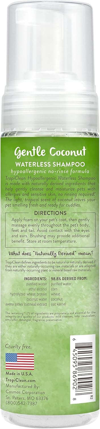 Hypoallergenic Waterless Dog Shampoo | Dry Shampoo for Allergies & Sensitive Skin | Safe for Cats | Puppies & Kittens | No Rinse | 7.4Oz