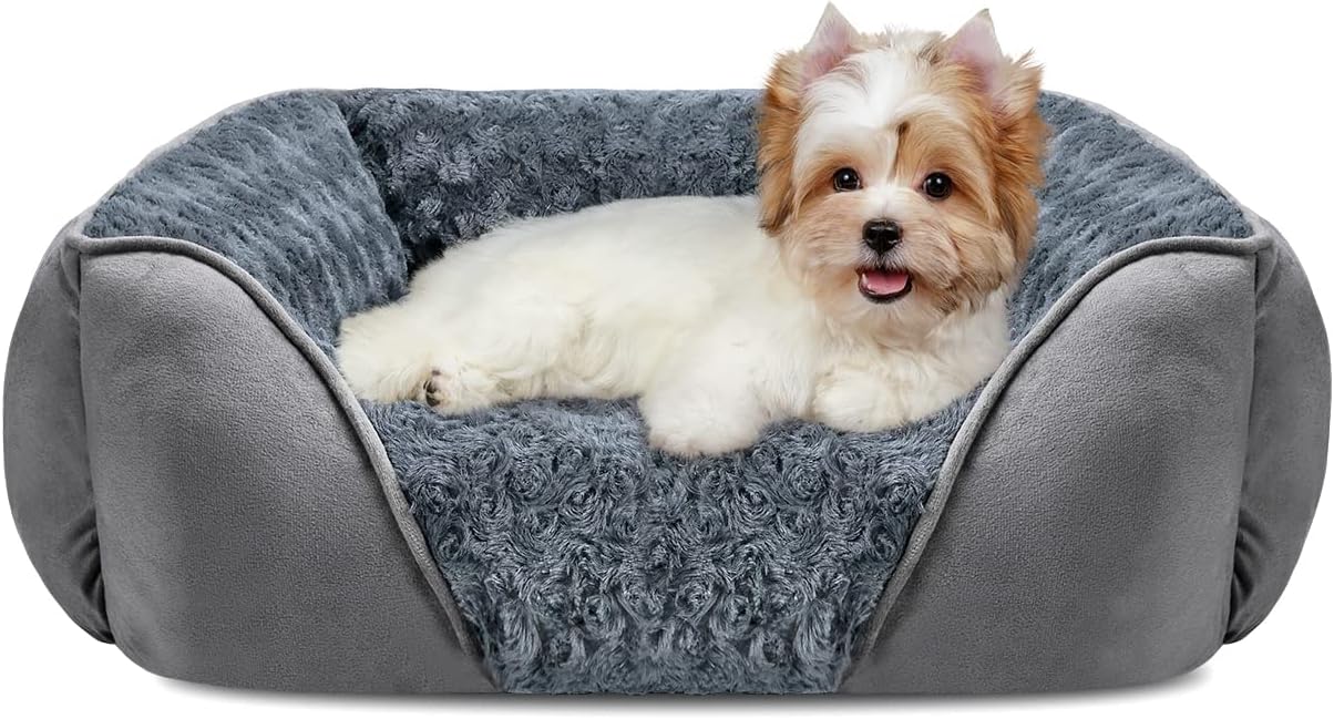 Dog Bed for Large Medium Small Dogs, Rectangle Washable Orthopedic Dog Bed, Soft Calming Sleeping Puppy Bed Durable Pet Cuddler with Anti-Slip Bottom S(20"X19"X6")