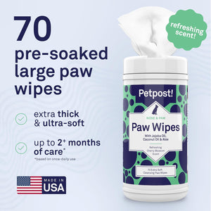 Paw Wipes for Dogs | 70 Count Dog Paw Cleaner Wipes with Coconut Oil, Jojoba Oil & Aloe | Gentle Pet Wipes for Paws | Large Ultra Soft Cotton Pads, Cherry Blossom Scent