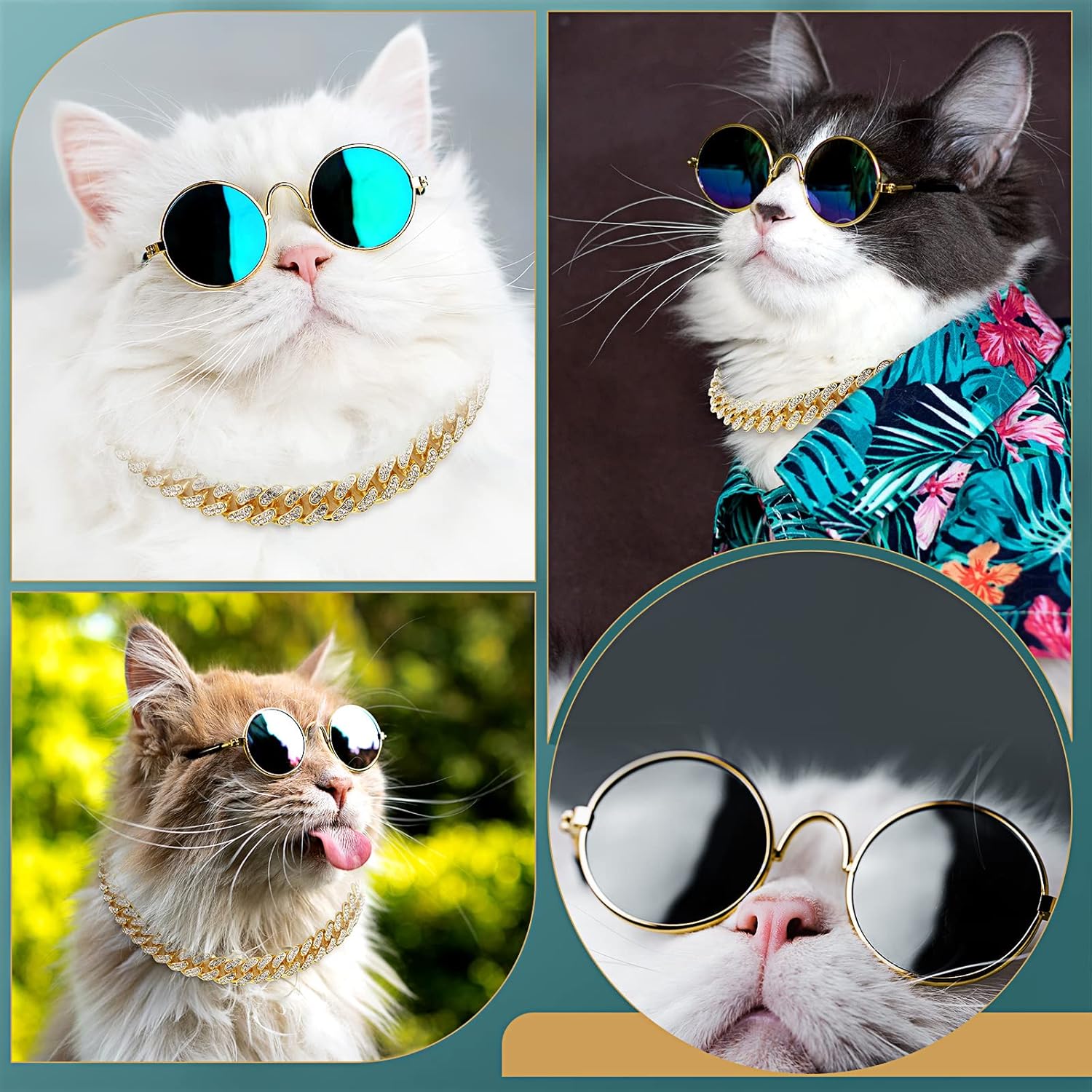 2 Pieces Glasses and Necklace for Doll Cat Dog Chain Collar and Sunglasses Set Rhinestone Collar with Secure Buckle round Glasses(10 Inch,Gold, Black)