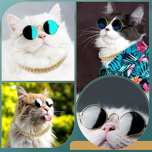 2 Pieces Glasses and Necklace for Doll Cat Dog Chain Collar and Sunglasses Set Rhinestone Collar with Secure Buckle round Glasses(10 Inch,Gold, Black)