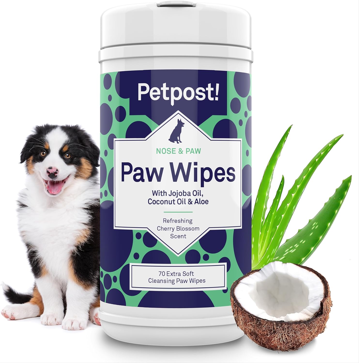 Paw Wipes for Dogs | 70 Count Dog Paw Cleaner Wipes with Coconut Oil, Jojoba Oil & Aloe | Gentle Pet Wipes for Paws | Large Ultra Soft Cotton Pads, Cherry Blossom Scent