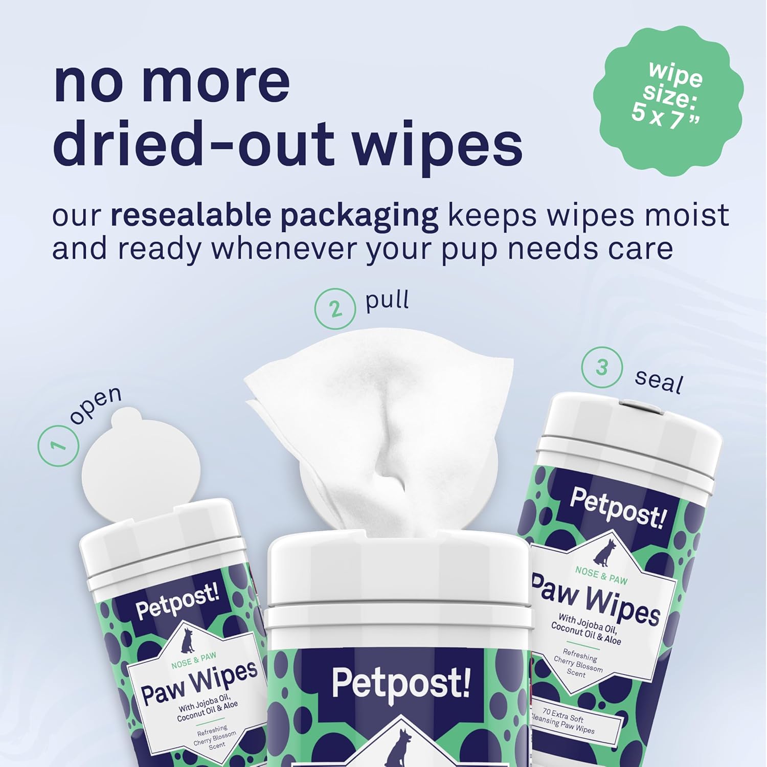 Paw Wipes for Dogs | 70 Count Dog Paw Cleaner Wipes with Coconut Oil, Jojoba Oil & Aloe | Gentle Pet Wipes for Paws | Large Ultra Soft Cotton Pads, Cherry Blossom Scent