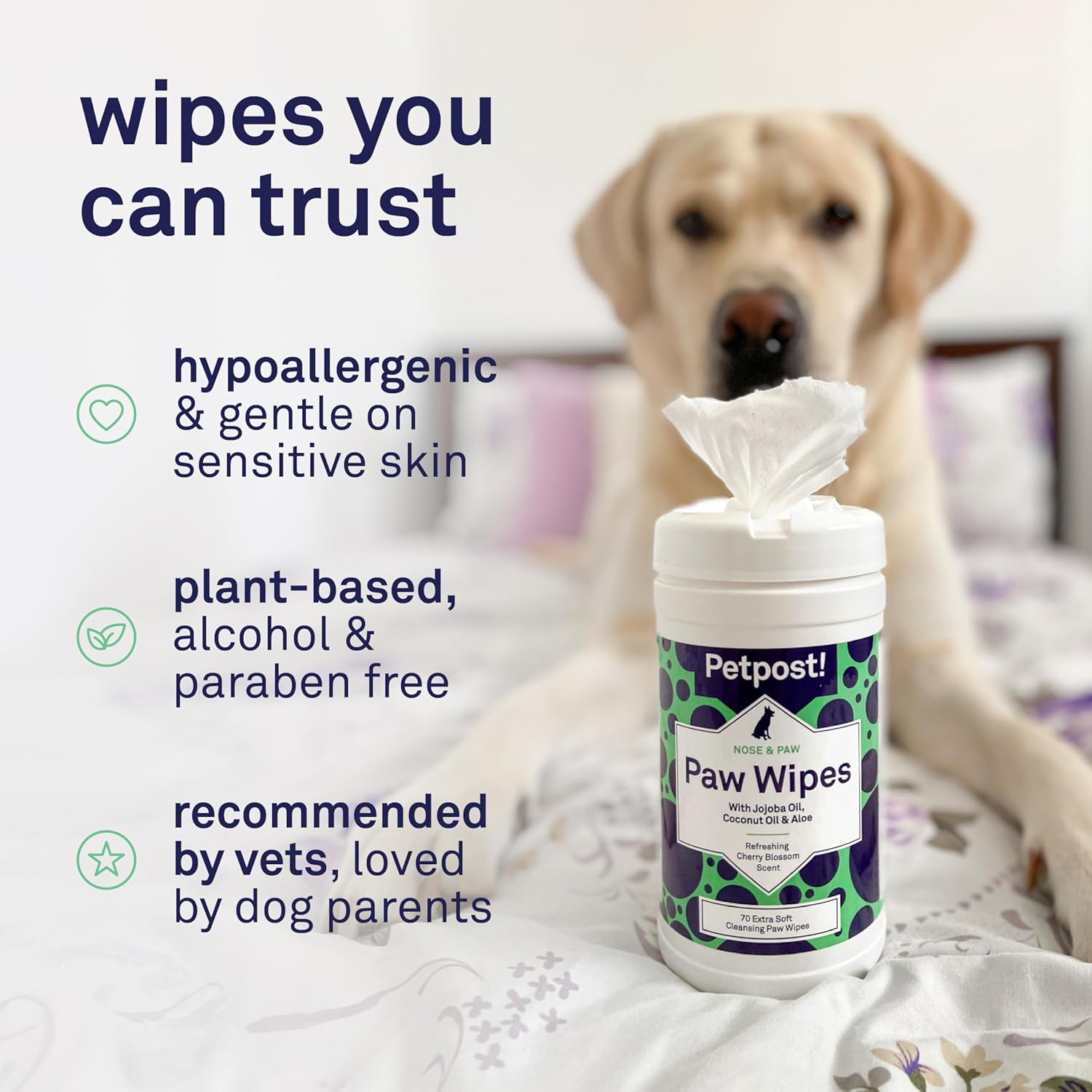 Paw Wipes for Dogs | 70 Count Dog Paw Cleaner Wipes with Coconut Oil, Jojoba Oil & Aloe | Gentle Pet Wipes for Paws | Large Ultra Soft Cotton Pads, Cherry Blossom Scent