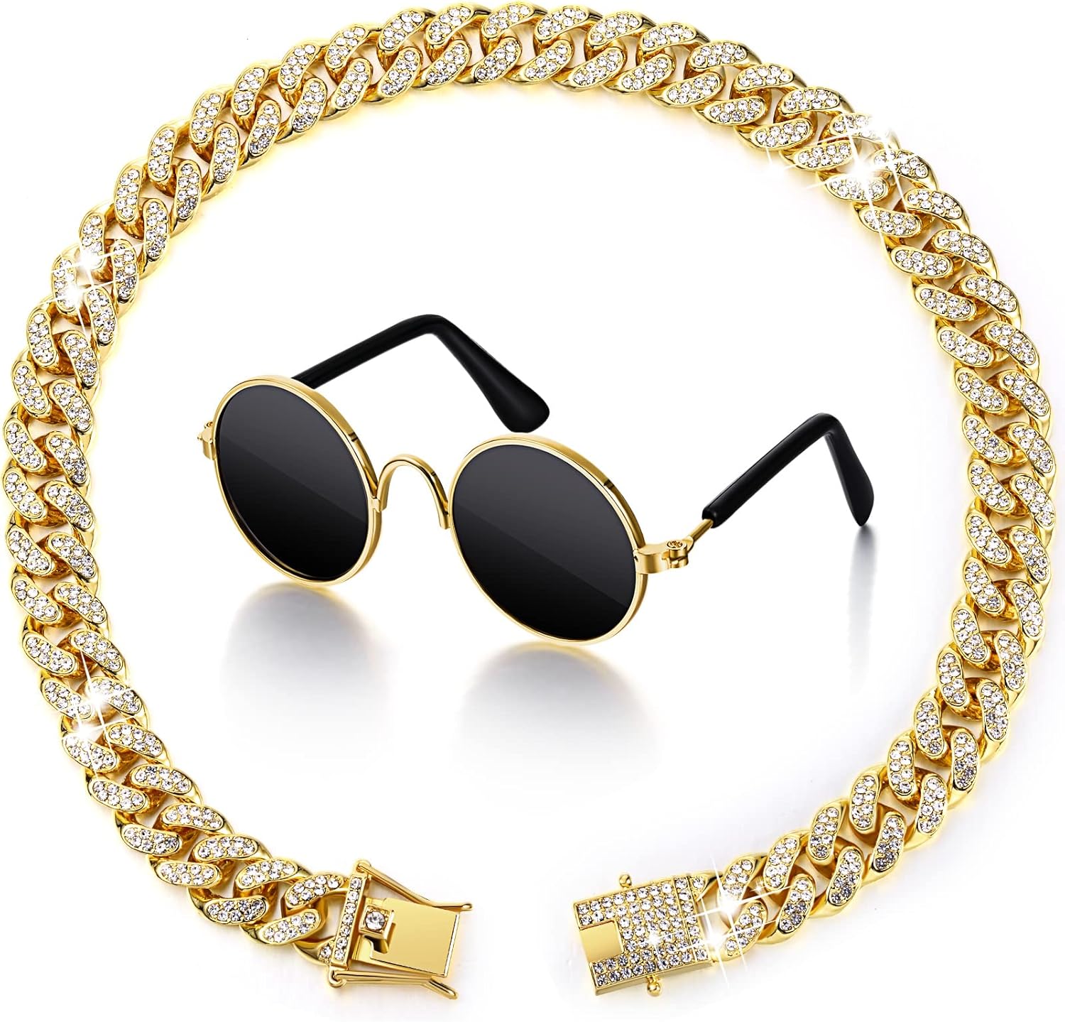 2 Pieces Glasses and Necklace for Doll Cat Dog Chain Collar and Sunglasses Set Rhinestone Collar with Secure Buckle round Glasses(10 Inch,Gold, Black)