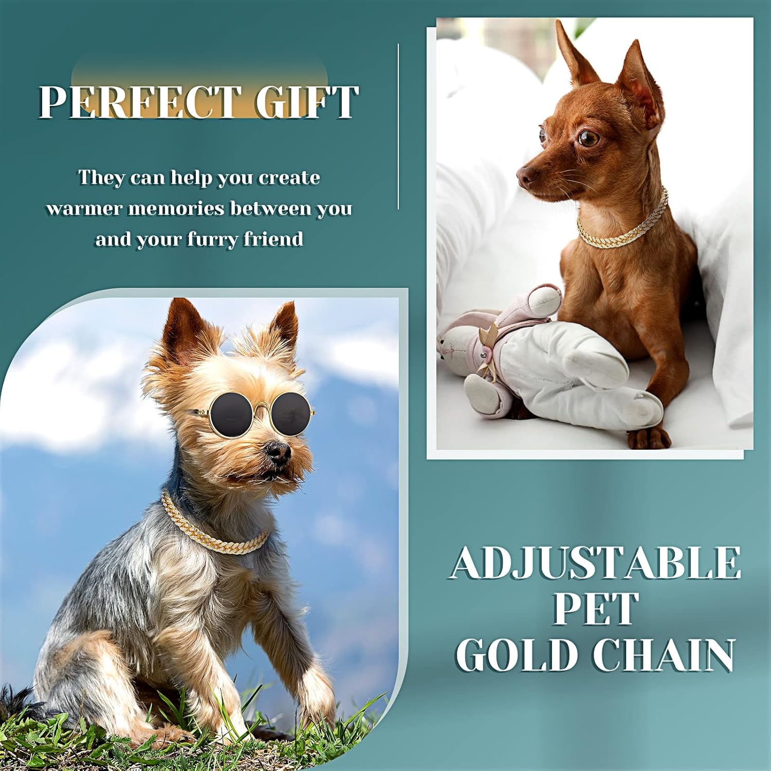 2 Pieces Glasses and Necklace for Doll Cat Dog Chain Collar and Sunglasses Set Rhinestone Collar with Secure Buckle round Glasses(10 Inch,Gold, Black)