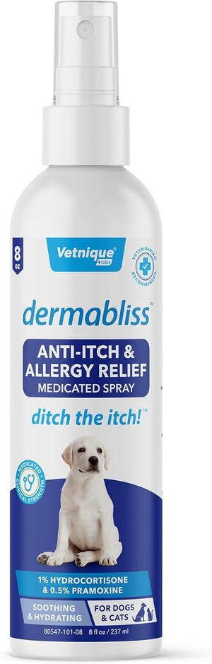 Dermabliss anti Itch Spray for Dogs & Cats with Hydrocortisone for Allergies and Immediate Dog Itching Skin Relief - Fragrance Free with Soothing Oat Extract (8Oz)