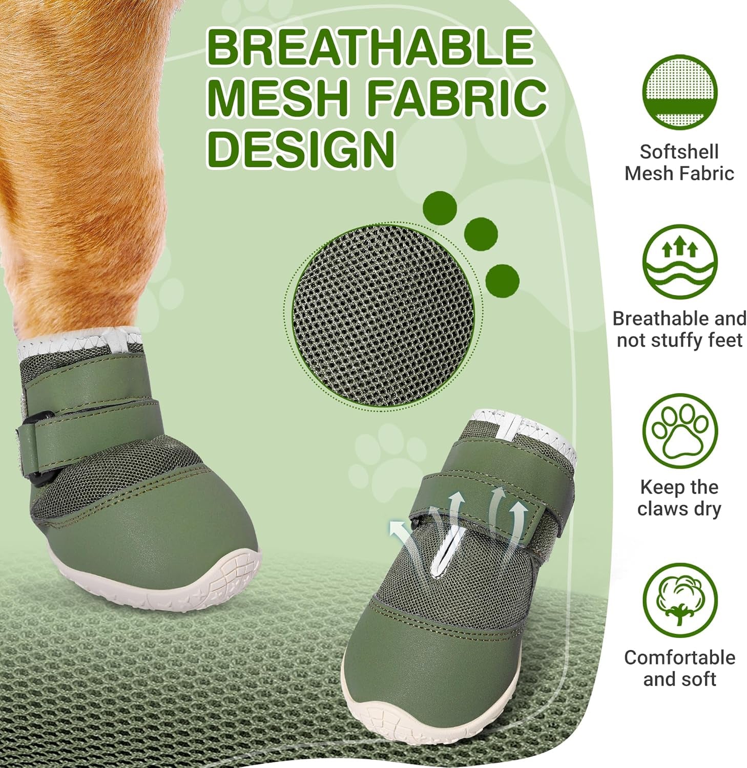 Dog Shoes for Large Dogs Xxl,Mesh Breathable Dog Boots & Paw Protectors for Hot Pavement Summer Winter Snow, 360°Anti-Slip Dog Booties for Hiking/Walking,Military Green 4Pcs(Size 9)